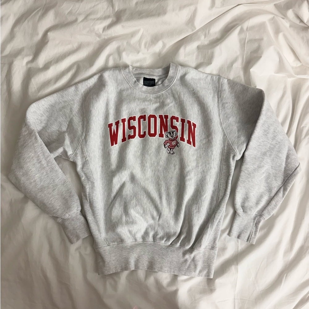 Wisconsin Grey Crewneck Sweatshirt with Red Logo